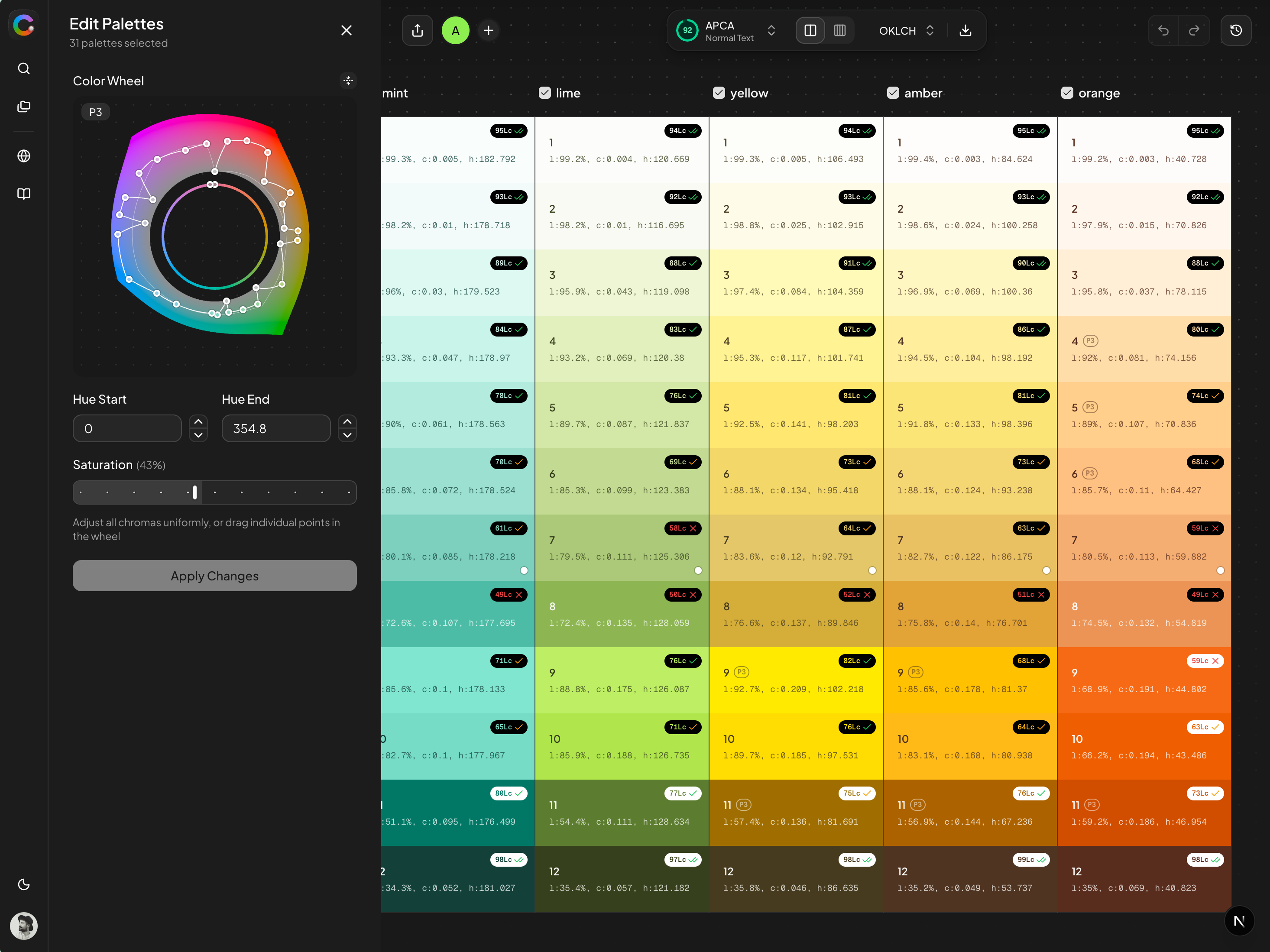 Edit Palettes interface showing multiple selected palettes with color wheel and saturation controls