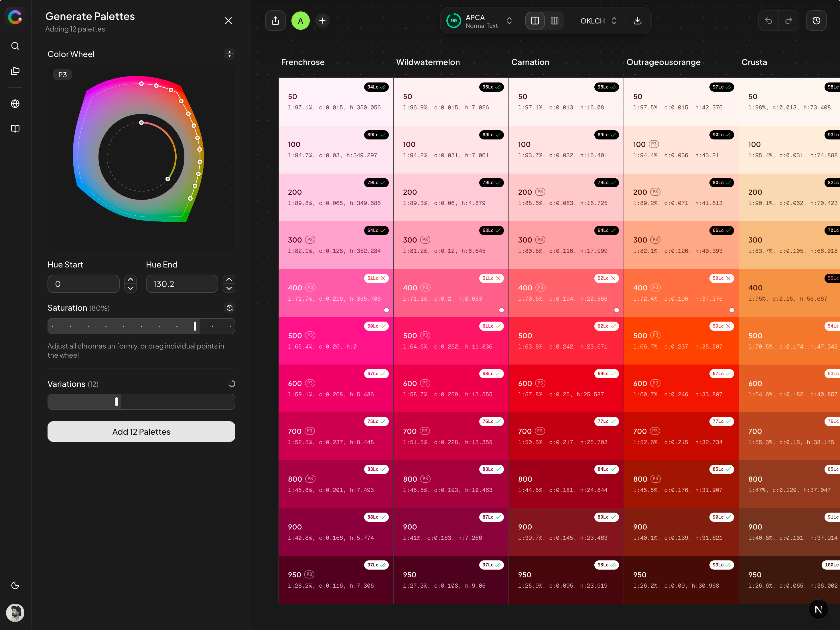 Generate Palettes interface showing color wheel, hue range, saturation controls, and generated palette previews